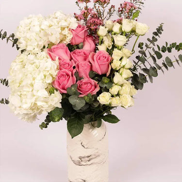 Ma Belle Blooms, Elegance Captured, Ceramic Glass Vase, White Hydrangeas, Pink Roses, Spray Roses, Wax Flower, Baby Blue Eucalyptus Leaves
